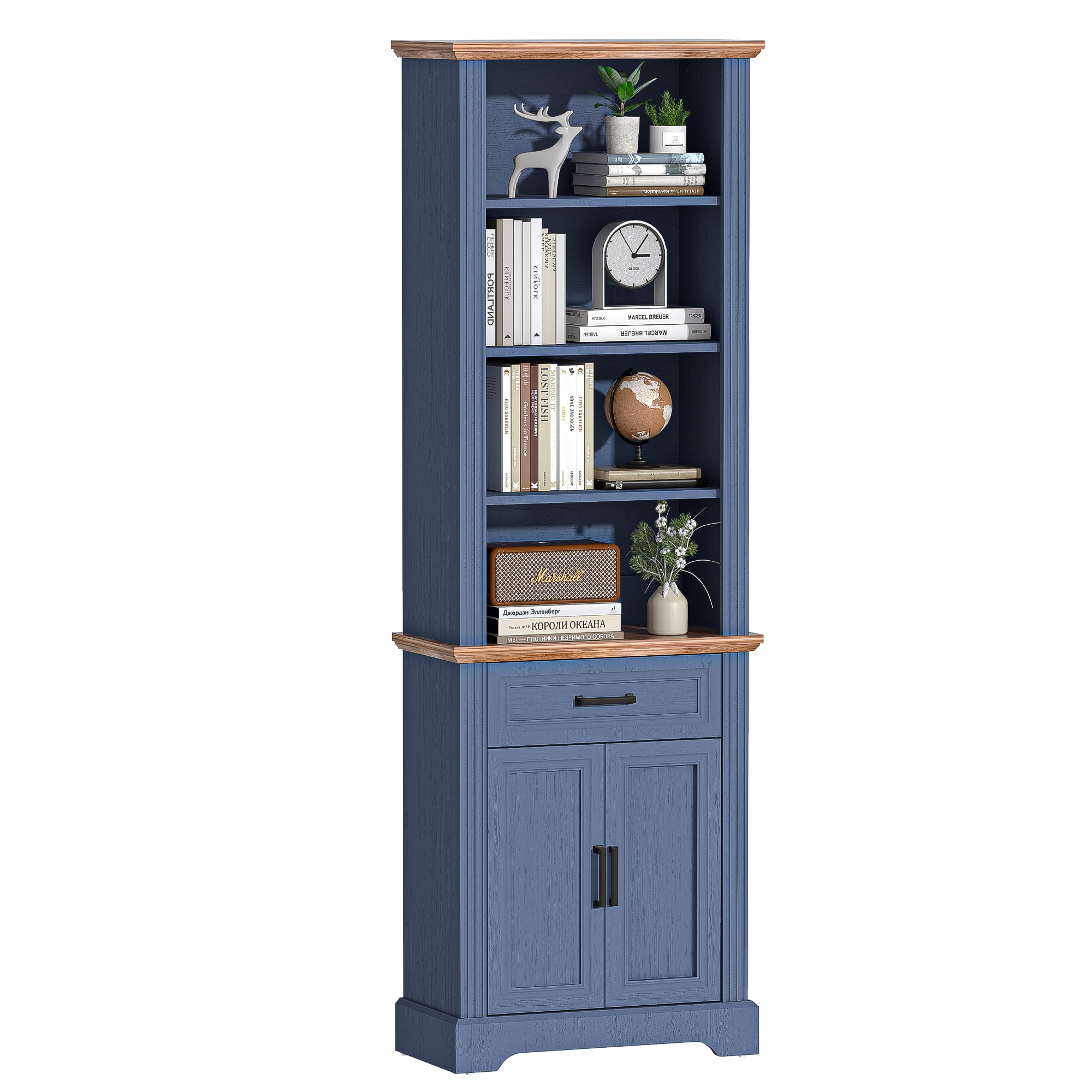 HARIPUL 72" Tall Bookcase Floor Standing with Drawer and Door, 6 Tier Wooden Storage Bookshelf for Living Room Home Office, Vintage Blue