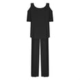 thumbnail image 5 of DDAPJ pyju Summer 2 Piece Outfits for Women Cotton Linen Lounge Sets Basic Solid Half Sleeve Cold Shoulder Top Wide Leg Pants Suits Loose Comfy Yoga Tracksuit Plus Size Loungewear Black XXXXL, 5 of 6
