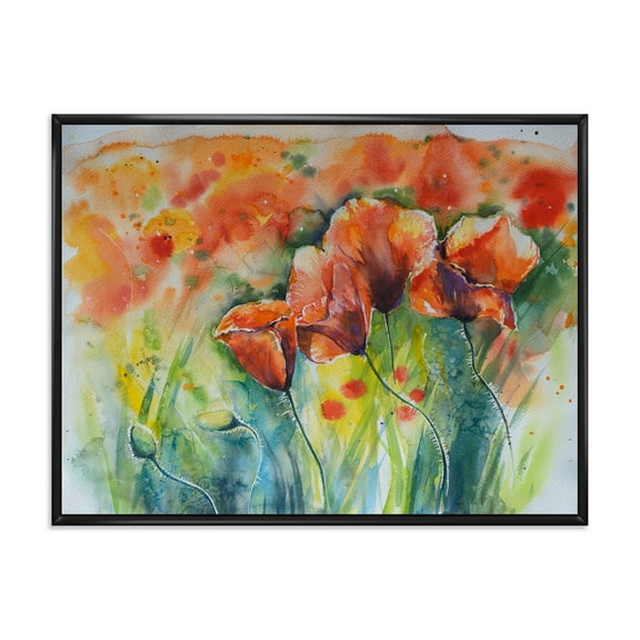 Designart 'Red Blossoming Poppies Over Wild Green IV' Traditional Framed Canvas Wall Art Print