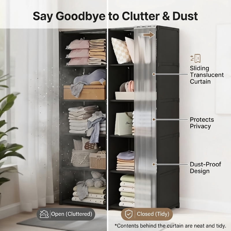 Cube Storage Organizer with Sliding Dustproof Curtain, 5-Tier DIY Freestanding Bookshelf & Closet Wardrobe, Translucent Cover Storage Cabinet for Bedroom, Living Room, Office,Black