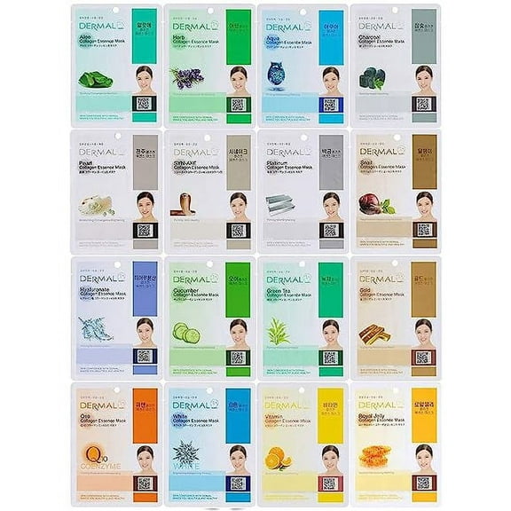 Dermal Korea Collagen Essence Full Face Facial Mask Sheet, 16 Combo Pack