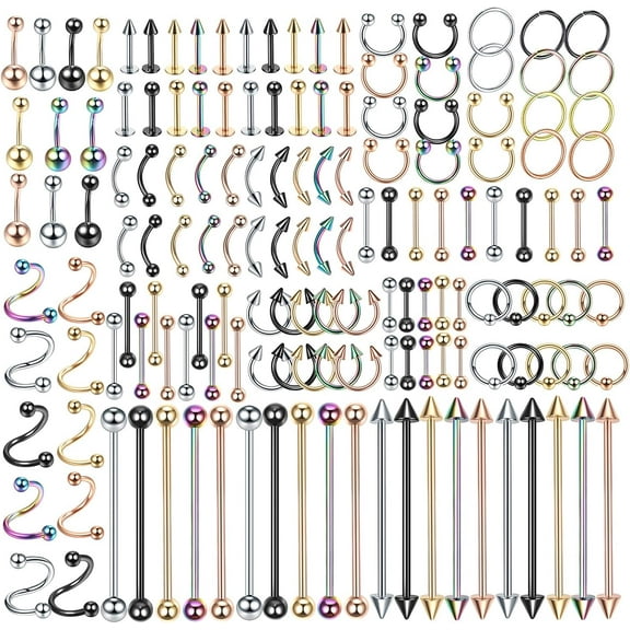 SNYMW 55-150PCS Body Piercing Jewelry Lot 14G 16G 20G Stainless Steel Nose Lip Tongue Cartilage Tragus Eyebrow Industrial Barbell Belly Button Rings Piercing Kit Jewelry