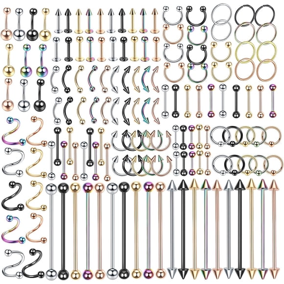 SNYMW 55-150PCS Body Piercing Jewellery Lot 14G 16G 20G Stainless Steel Nose Lip Tongue Cartilage Tragus Eyebrow Industrial Barbell Belly Button Rings Piercing Kit Jewellery