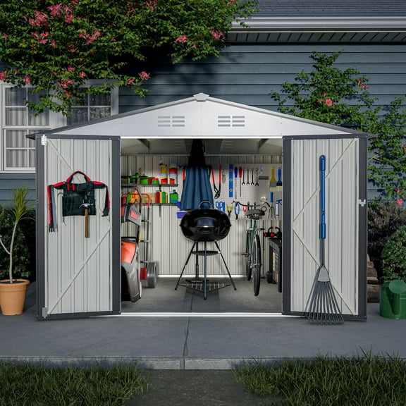 10x8FT Outdoor Storage Shed, All-Weather Garden Metal Tool Shed with Lockable Doors, White Galvanized Steel Large Tool Sheds for Patio, Lawn, Backyard, Weather-Proof
