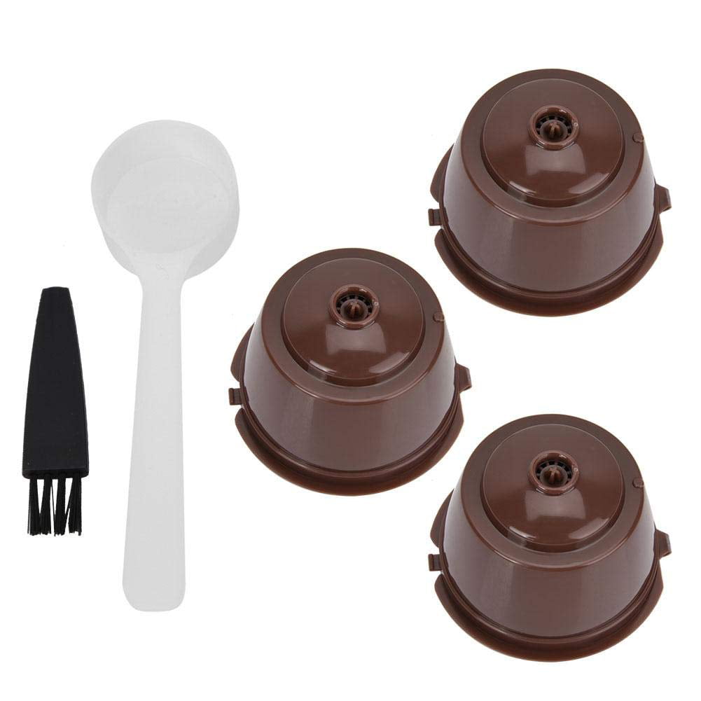 Brown Hi Collie 5 PCS Reusable Coffee Capsule with Mesh Filter Cup for Dolce Gusto Machines Refillable Capsule Pod Compatible Filter Cups with 1Pc Plastic Spoon and 1 Cleaning Brush 