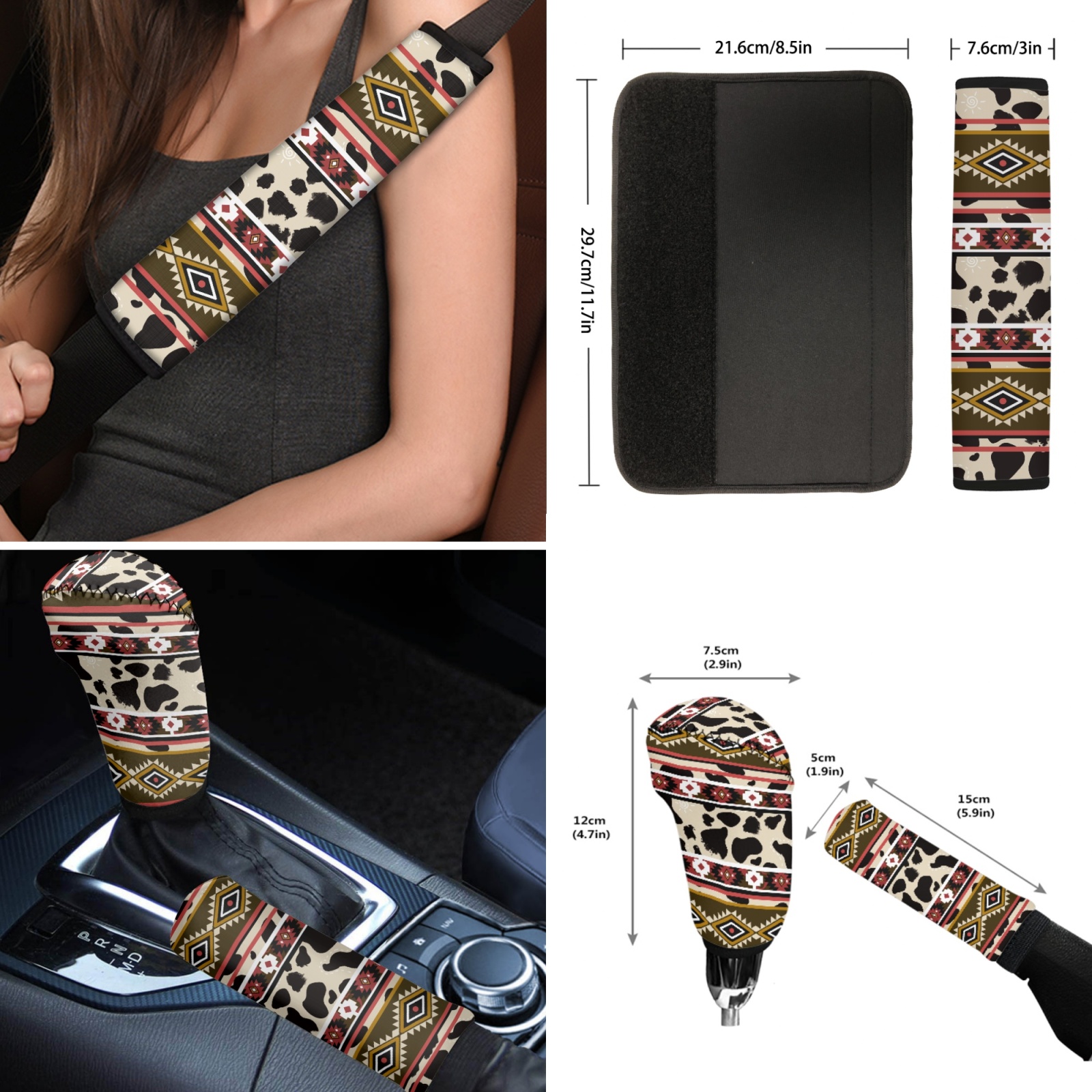 Renewold American Tribal Cow Print Red Beige 12 PCS Car Seat Covers Set for Women, Soft Steering Wheel Cover Seat Belt Pads Armrest Pad Handbrake Cover Gear Shift Cover Coasters Car Decor