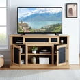 thumbnail image 4 of Embossed design, light oak TV console / Ample storage, tidy cords for cozy home, 4 of 6