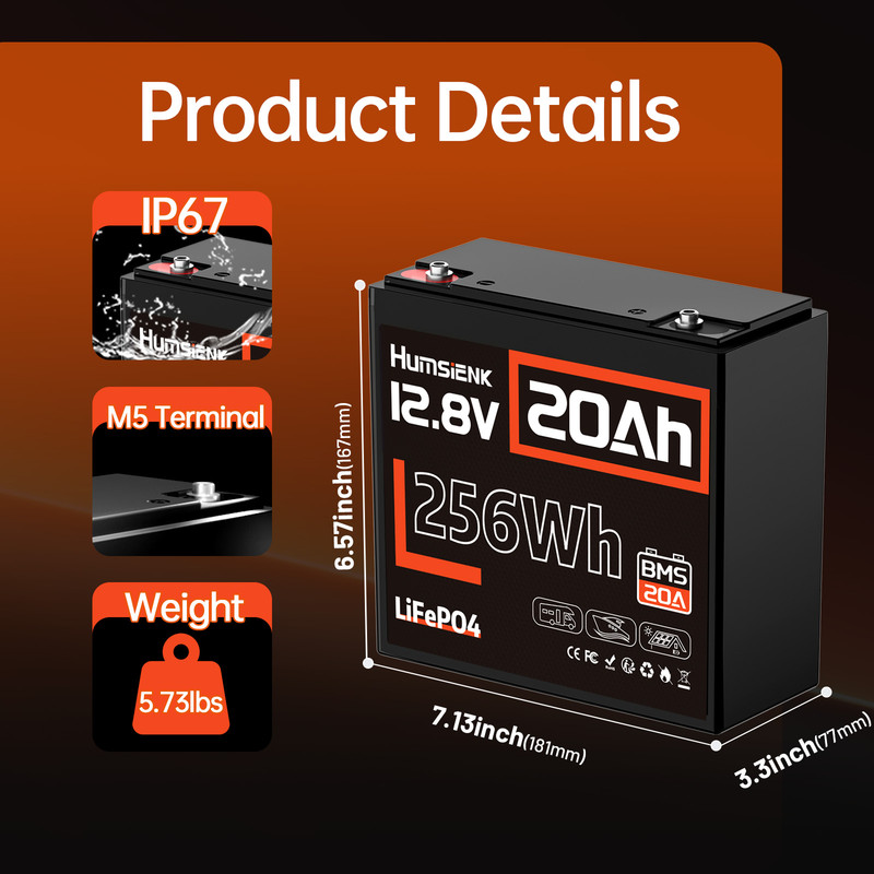 HumsiENK 12V 20Ah LiFePO4 Lithium Battery, 15000+ Deep Cycles Lithium Batteries 12V for Fish Finder, Camping, Power Wheels Battery Built-in 20A BMS, EVE Grade A+ Cells