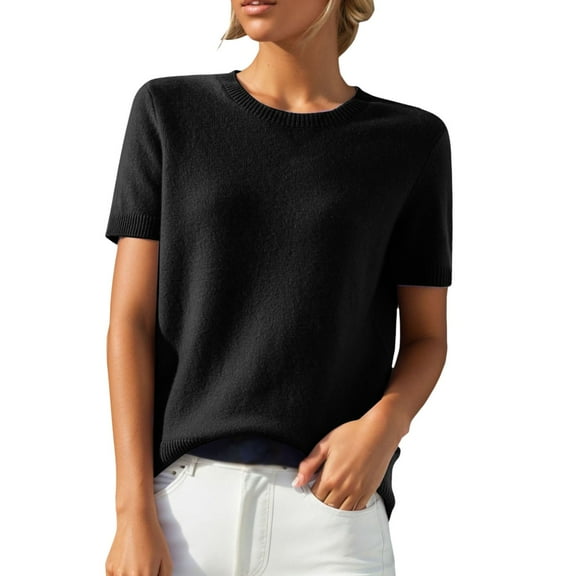 Curuila Women Sweater Knitted Solid Color Crew Neck Short Sleeve Comfort Thin Loose Spring Autumn Pullover Black Size L