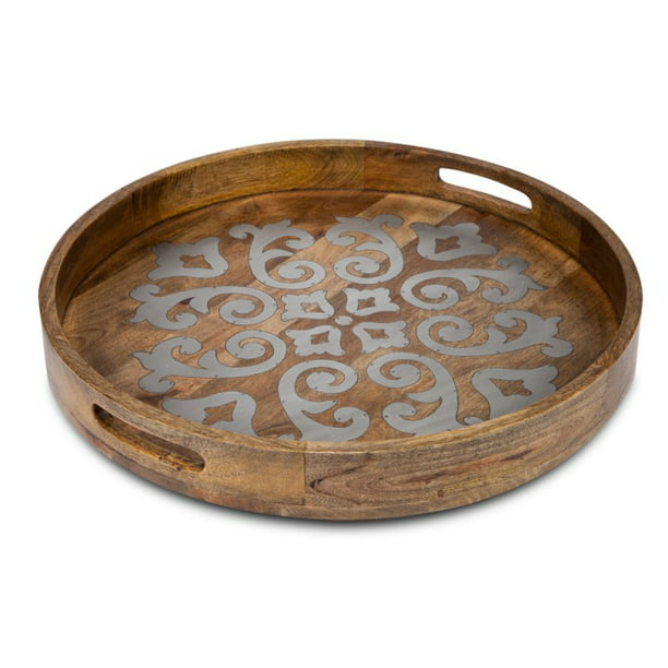 Wood Metal 24 Round Tray Com, 24 Round Serving Tray