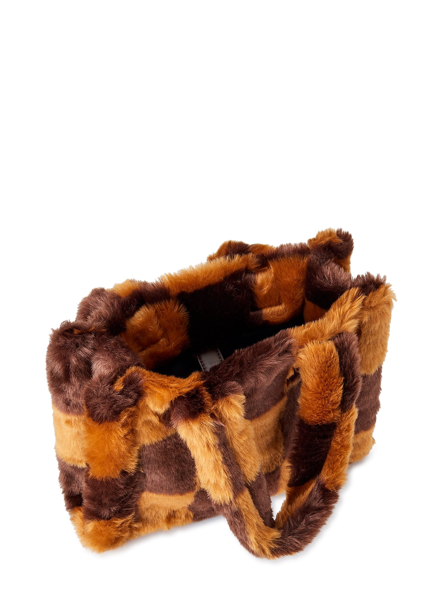 No Boundaries Women's Square Sherpa Tote Bag Brown Checker - Small