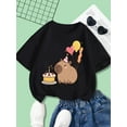 thumbnail image 1 of Birthday Capybara Print T-Shirt for Girls, Casual Crew Neck T-Shirt, Cotton, Slight Stretch, Cartoon Pattern, Summer, Knit Top, Regular Fit, Knit Fabric, 1 of 5