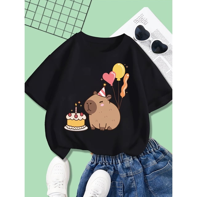 Birthday Capybara Print T-Shirt for Girls, Casual Crew Neck T-Shirt, Cotton, Slight Stretch, Cartoon Pattern, Summer, Knit Top, Regular Fit, Knit Fabric