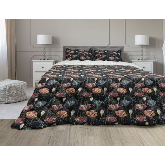 Tulips Comforter & Sham Bedding Set, Colorful Tulips Dashed Lines Background in Dark Shades Hand Drawn Fantasy Bouquet, 3 pcs Duvet Set Microfiber Filling Quilt, 5 Sizes, Multicolor, by Ambesonne