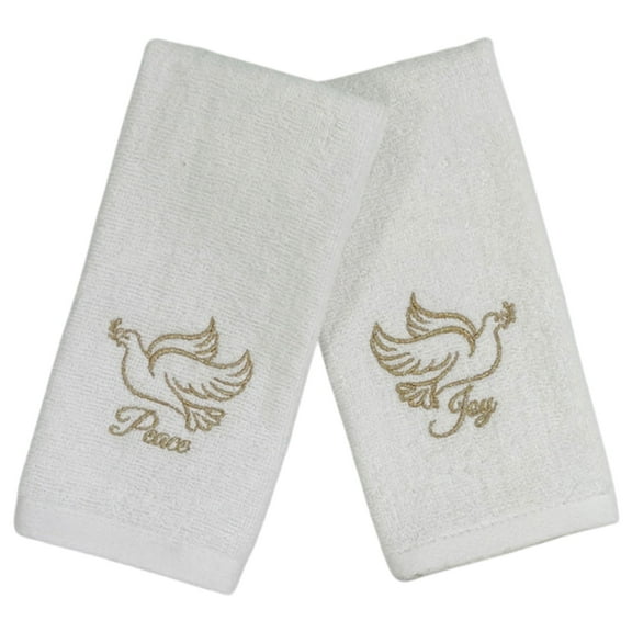 Serafina Home Decorative Christmas Theme Towel Set: Luxury Bathroom Plush Velour Cotton Fingertip Towels of Gold Embroidered Doves with Peace and Joy, Set of 2 (18" x 12" Inch)