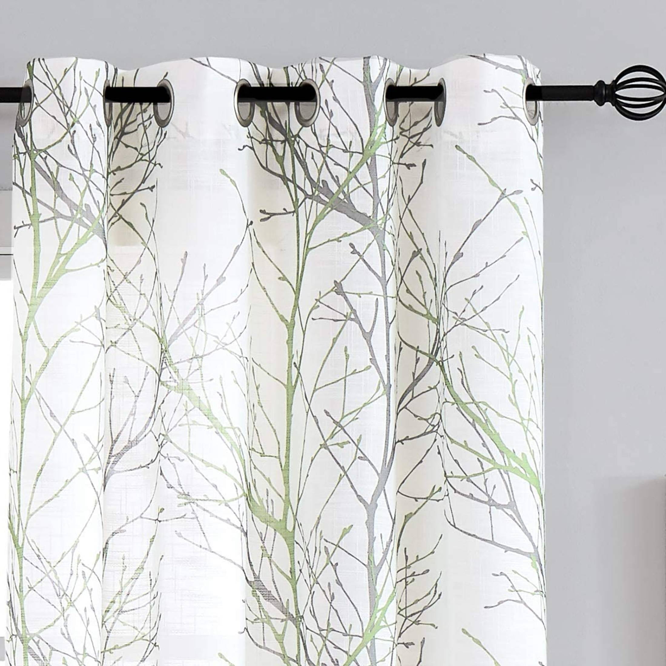 Decoultimatex White Semi Sheer Curtains Green and Grey Branches Printing on Linen Textured White Window Treatment Panels for Living Room Bedroom Drapes, 50"x96"x2