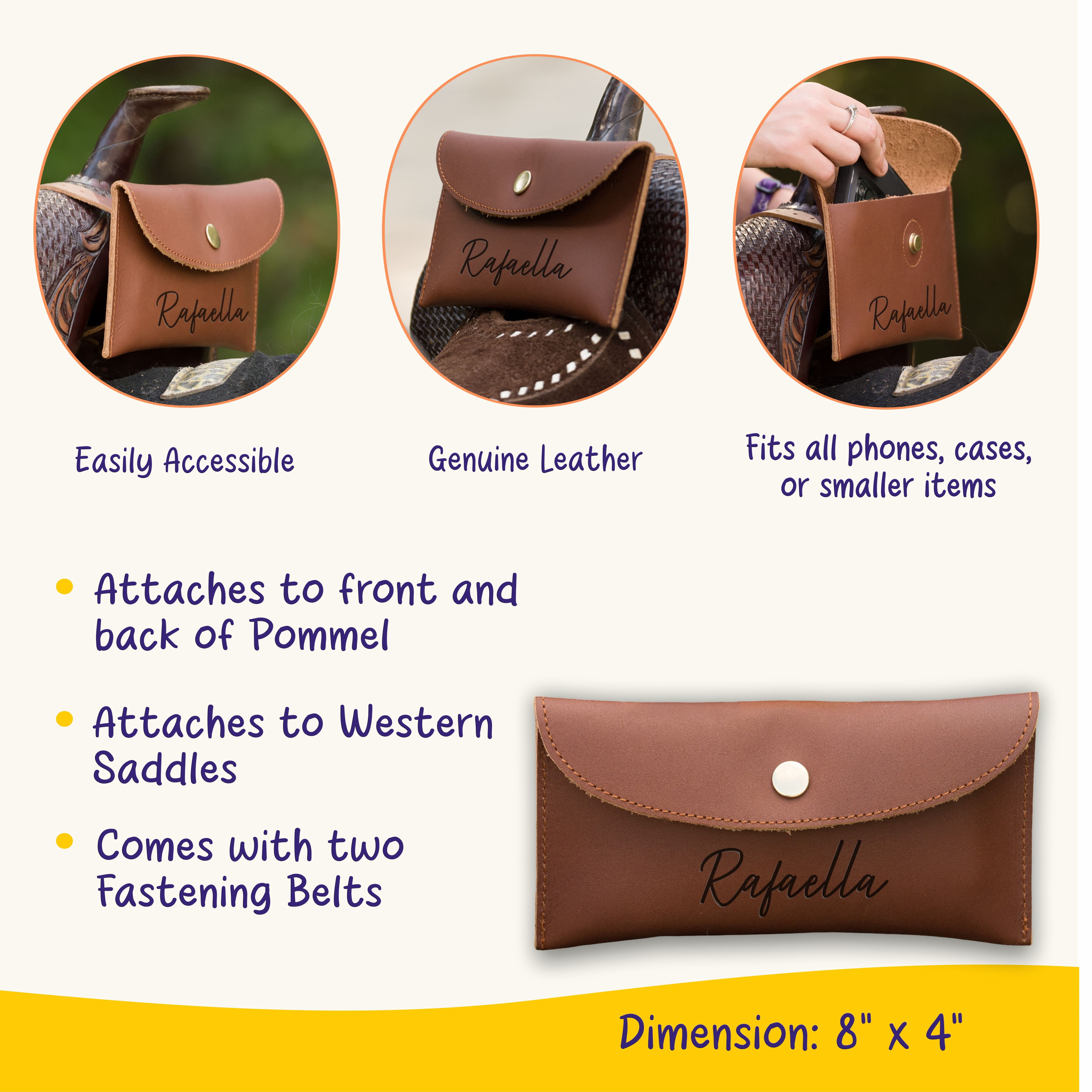 Personalized Genuine Leather Saddle Bag, Horse Tack Phone Holder, Equestrian Riding Accessory, Gift for Horse Lovers