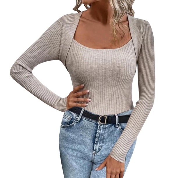 Gibobby Sueteres Para Mujeres Calientitos Suéter de punto de cuello cuadrado de color sólido delgado sexy para mujer en otoño e invierno(B,M)