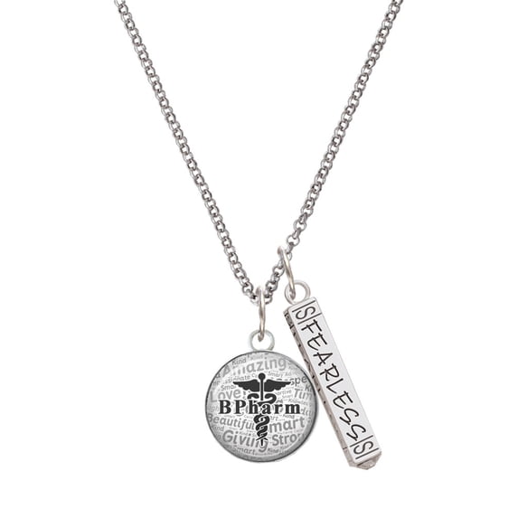 Delight Jewelry Silvertone Domed Black B Pharm Silvertone Fearless Bar Charm Necklace, 23"