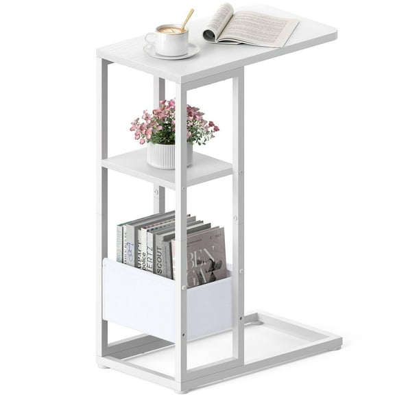 C Shaped End Table, White (1 Piece) with Storage Bag for Living Room, Bedroom