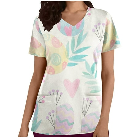 

cllios Easter Scrub Tops for Women Bunny Eggs Easter Print Top Short Sleeve Funny T-shirt V Neck Fashion Nursing Working Uniform Easter Gift for Women