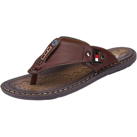 

New Slippers Summer Flip-Flops for Men Beach Slippers Leather Sandals Comfortable Shoes Non-Slip Bathroom Shoes Comfort (Color : Brown1 Size : A-46)