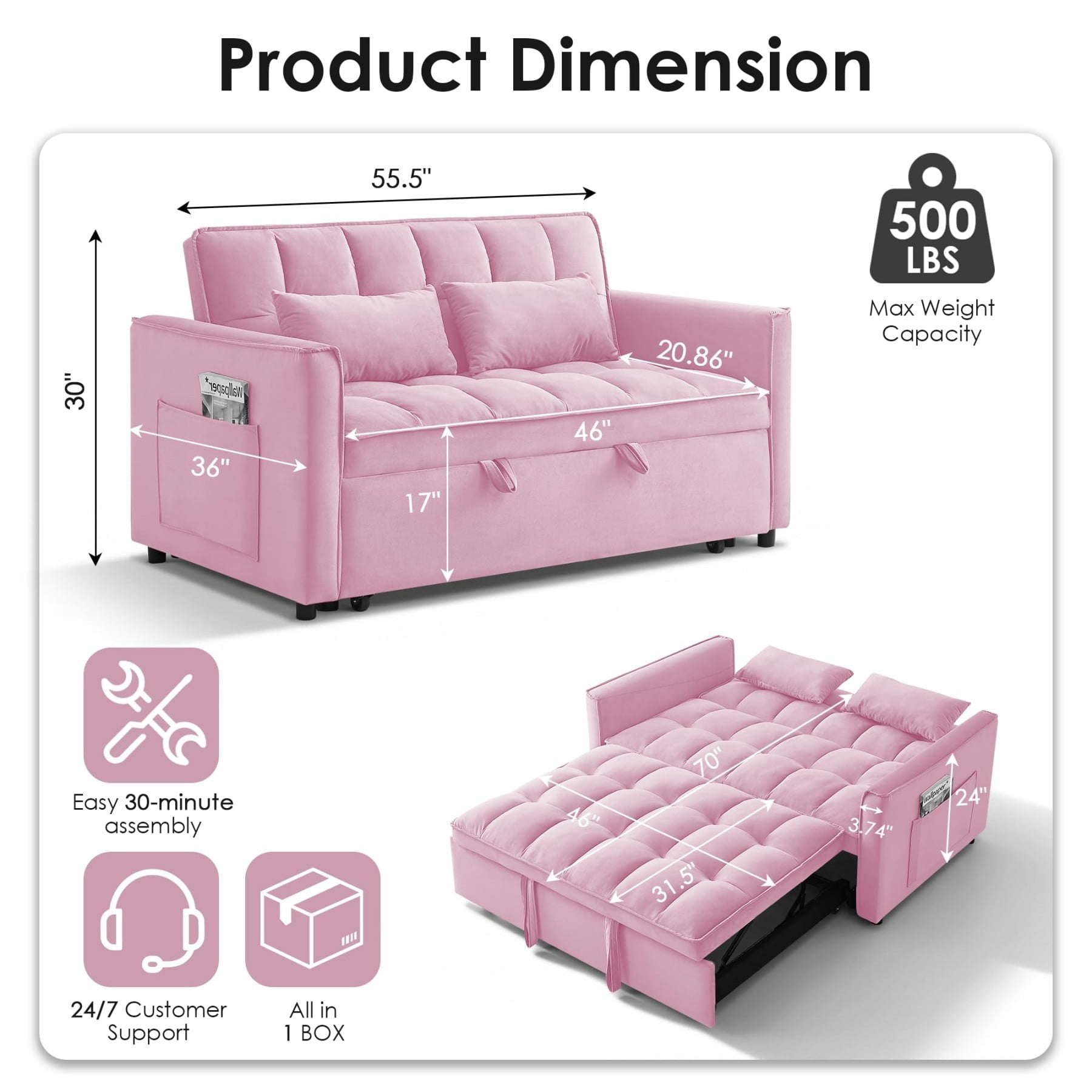 54" 3 in 1 Convertible Velvet Sofa Bed, 3 Position Foldable Sleeper Couch with Adjustable Backrest & Pillows, Pink