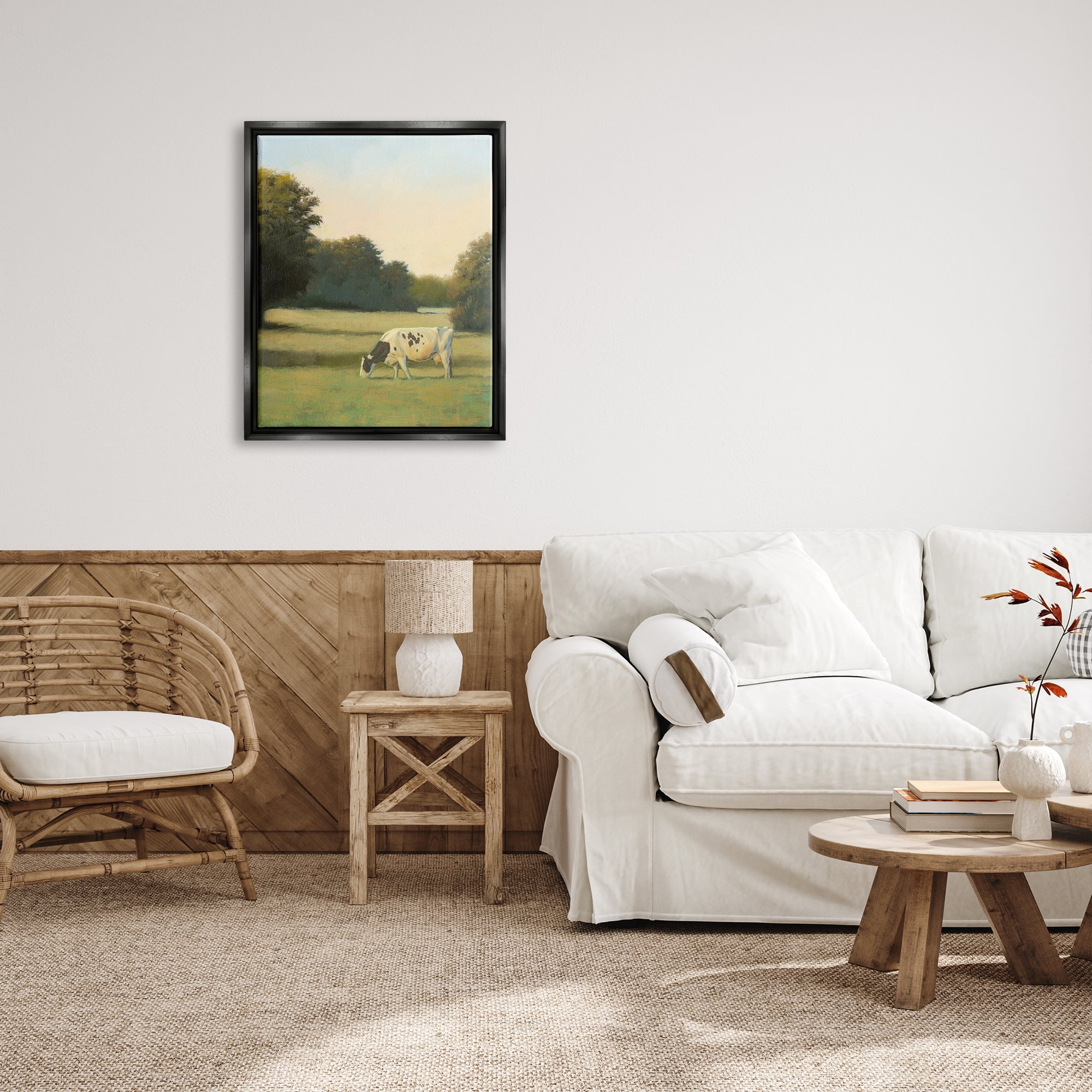 Stupell Industries Cow Grazing in Pasture Animals & Insects Painting Black Floater Framed Art Print Wall Art, 25 x 31