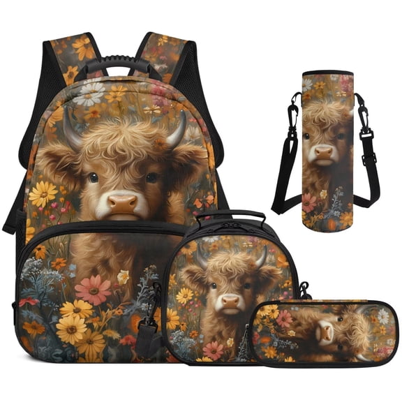 Bulopur Cute Kids 17 Inch Backpack Set, 4 Piece Highland Cow Print School Bookbag with Lunch Box, Water Bottle Holder and Pencil Case for Elementary