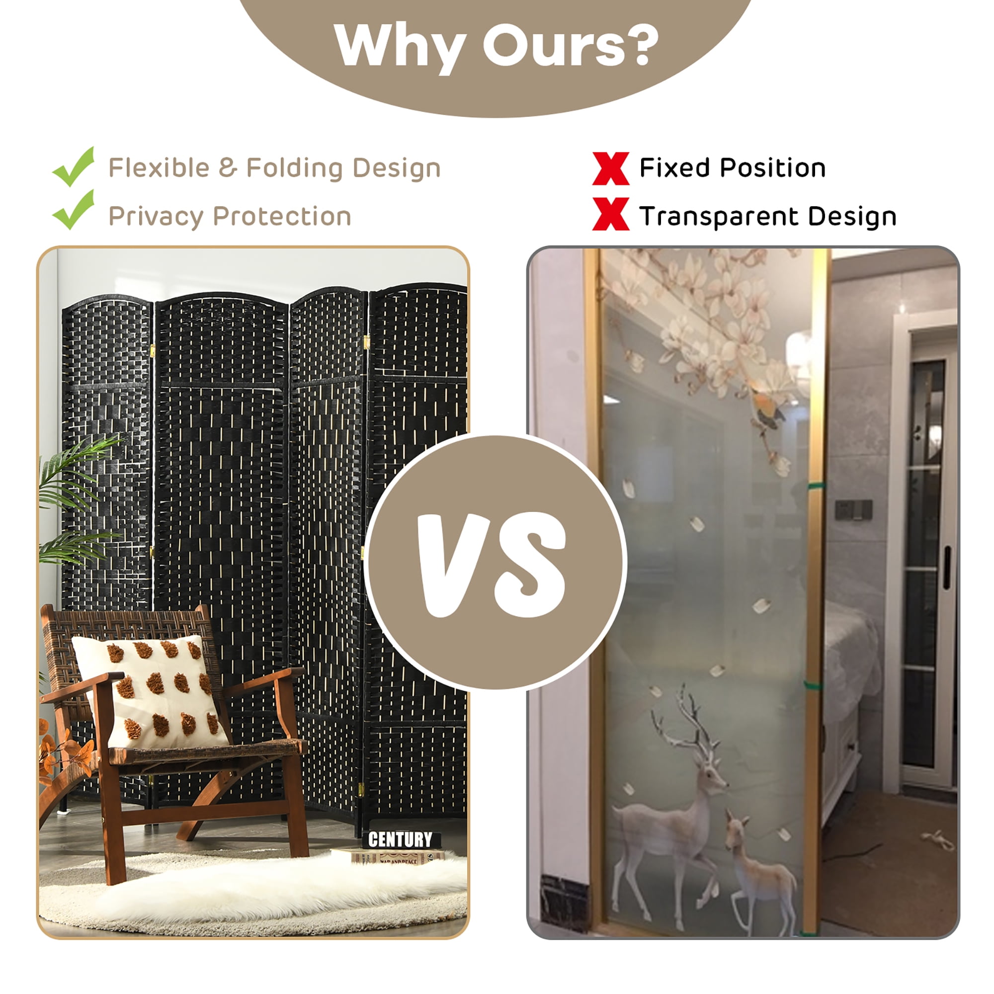 Costway 6-Panel Room Divider 6Ft Weave Fiber Folding Privacy Screen Black