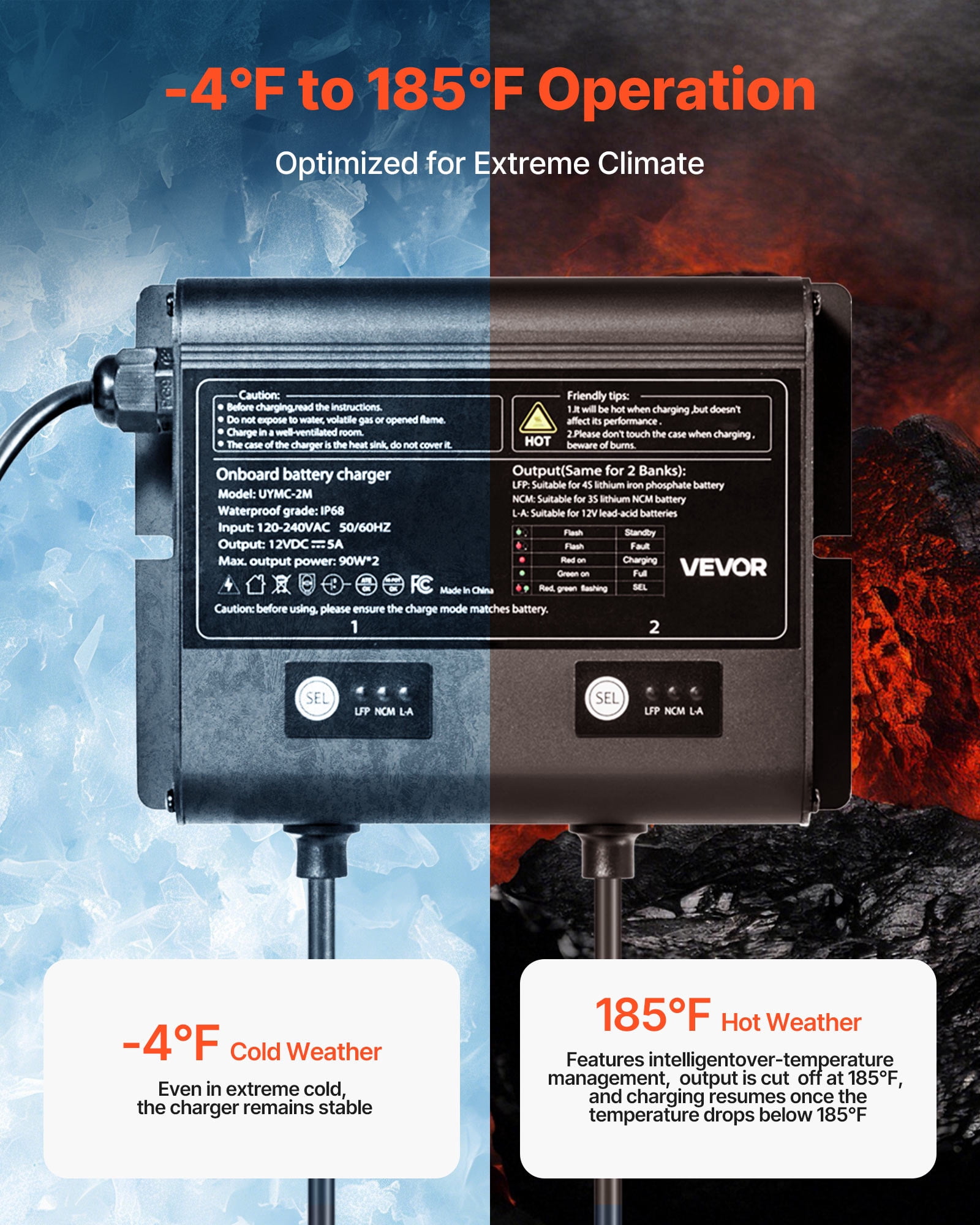 VEVOR Marine Battery Charger, 2-Bank, 5A 12V Onboard Boat Charger, IP68 Waterproof Smart On-Board Battery Charger, for Lithium-Ion (LiFePO4), NCM, Lead-Acid Batteries, Large Boat, Yacht,RV,Trailer