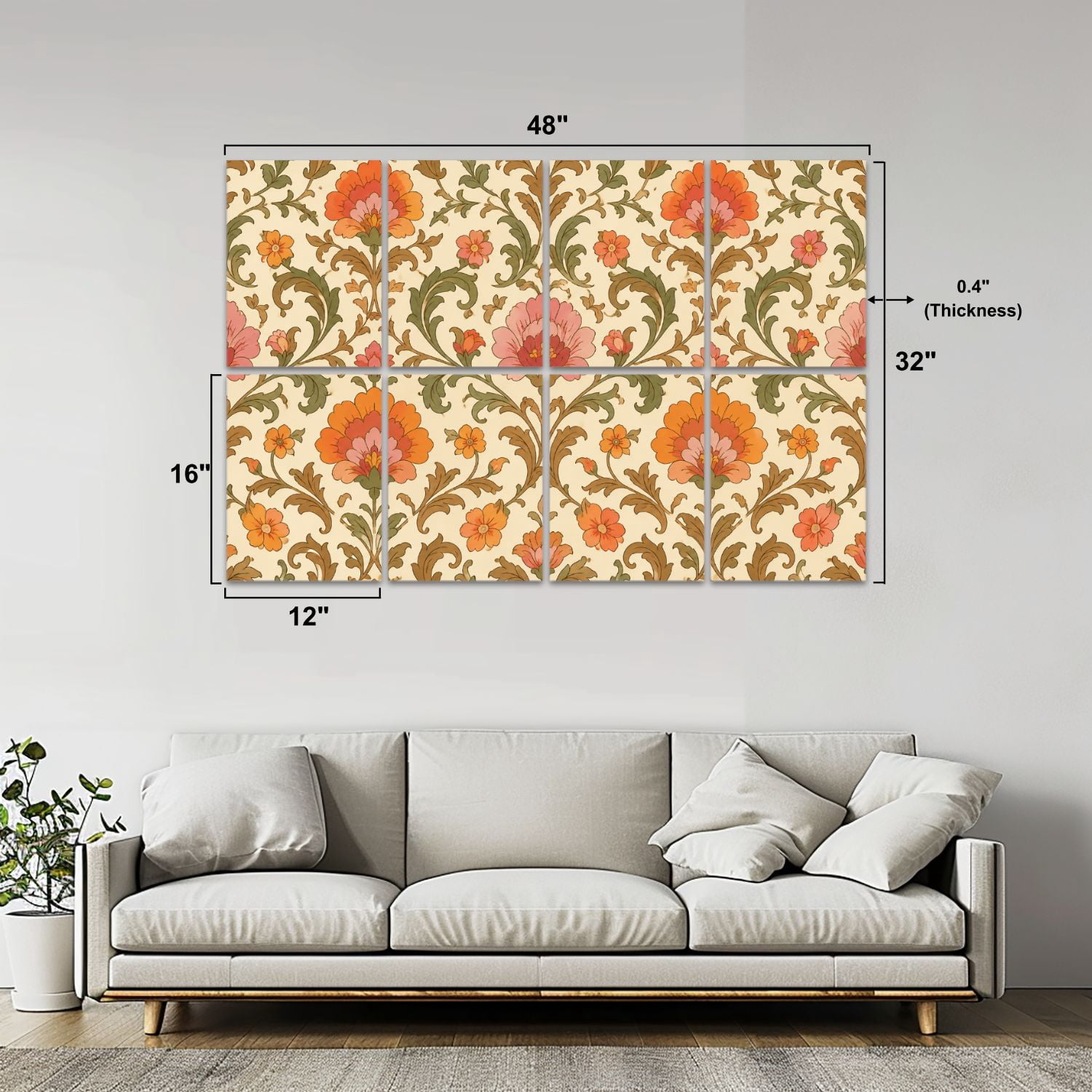 8 Pack Art Acoustic Panels Sound Absorbing Orange Pink Flowers Green Leaves 1960s Retro Vintage Decorative Soundproof Wall Panels Self Adhesive for Nursery Game Room Bedroom 48"x32"