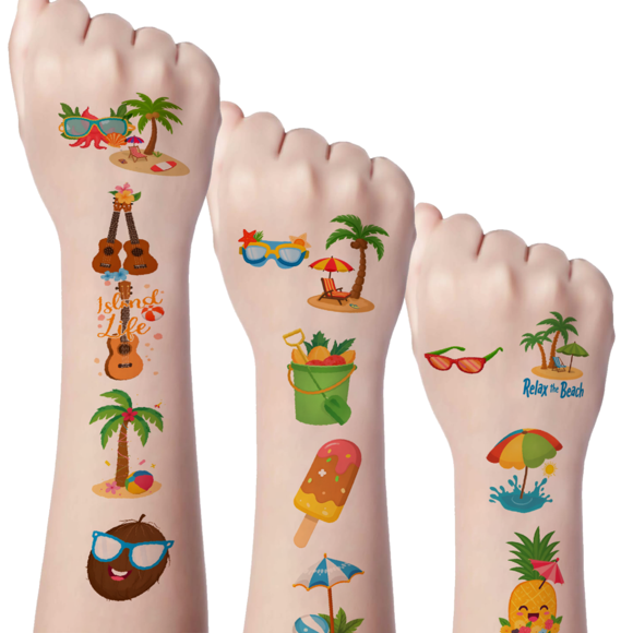 54 Temporary Tattoo Stickers, Waterproof Long Lasting Body Stickers Hawaiian Beach Coconut Tree Ice Cream Swimming Ring Kids Boys Girls Tattoo Stickers Arm Arm Leg Shoulder Cheek