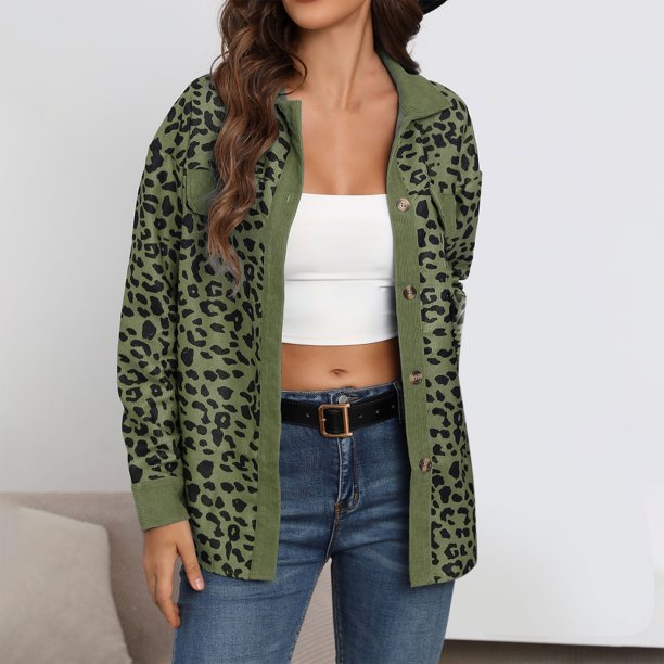 Pntutb - Abrigo de manga larga con botones de pana y estampado de leopardo suelto para mujer Pntutb Pntutb-6289