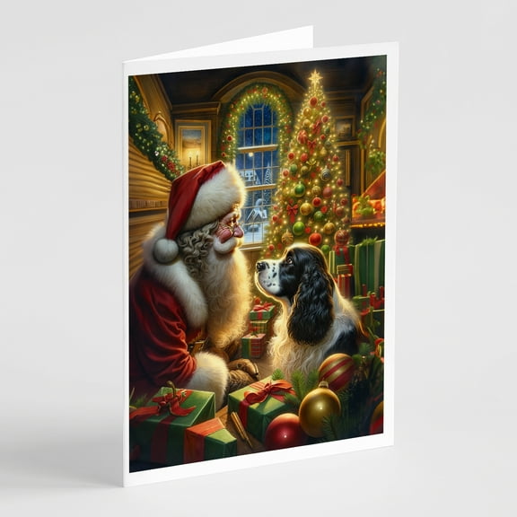 English Springer Spaniel and Santa Claus Greeting Cards Pack of 8 7 in x 5 in