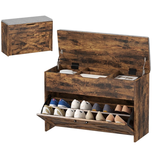 Banc d'Entrée Brun Rustique avec Rangement - Banc à Chaussures, Tiroir Rabattable et Dessus Relevable - Siège Style Ferme pour Couloir, Chambre et Salon - 31,5” de Large