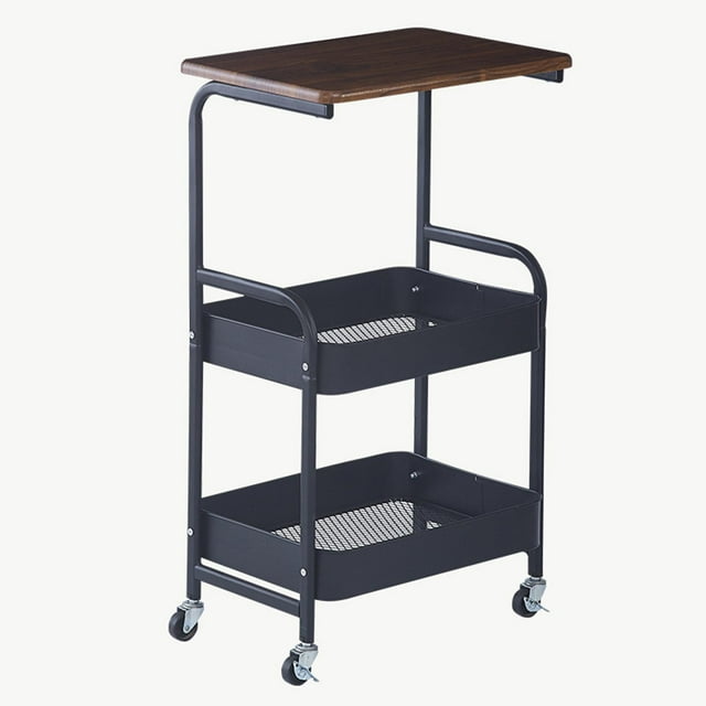 Carrito de almacenamiento delgado de 3 niveles con ruedas, mesa pequeña superior, carrito rodante impermeable para negro