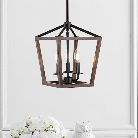 JONATHAN Y Oria 10" 3-Light Iron Farmhouse Industrial Lantern LED Pendant, Oil Rubbed Bronze/Faux Wood
