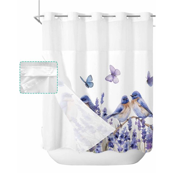 No Hook Shower Curtain with Snap in Liner, Purple Lavender Bird Butterfly Printing Hotel Shower Curtains for Bathroom, Washable Shower Curtain Liner Set with Mesh Top Window, 66"x72"