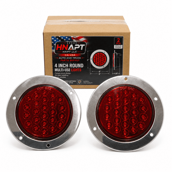 HNAPT 2PCS 4" Round Red LED Trailer Tail Lights with Stainless Steel Flange, 24 LED Stop Turn Tail Brake Light, DOT SAE, 12V Waterproof for Truck Trailer RV