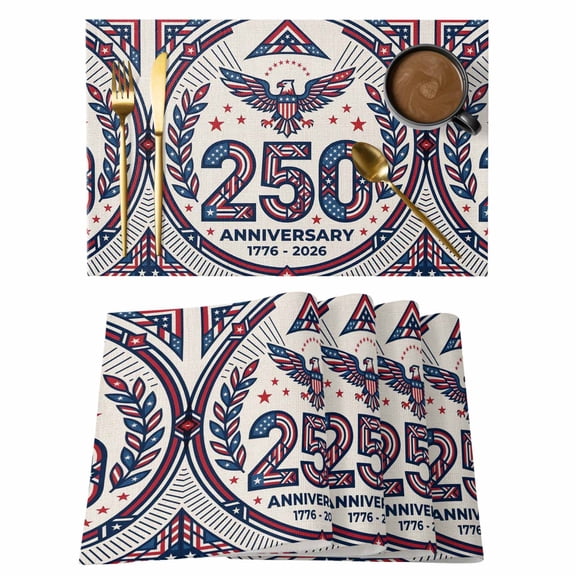 250 Anniversary Placemats Set of 12, Bald Eagle 1776-2026 Wreath Rustic Non-Slip Place Mats Washable Table Mats for Kitchen Dining Table Decorations Indoor/Outdoor