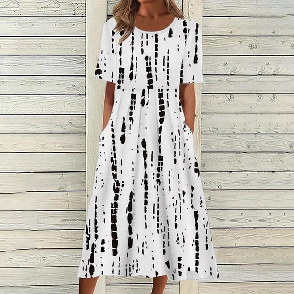 Babysbule Women's Summer Dresses Fashion Women Casual Round Neck Printing Summer Short Sleeve Pockets Dress