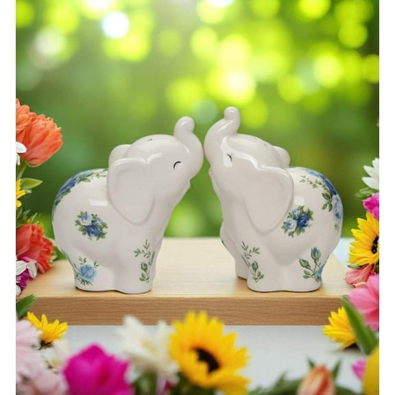 Ceramic Elephant with Blue Roses pattern Salt and Pepper Shakers, Elephant Lover Gift, Spring Decor