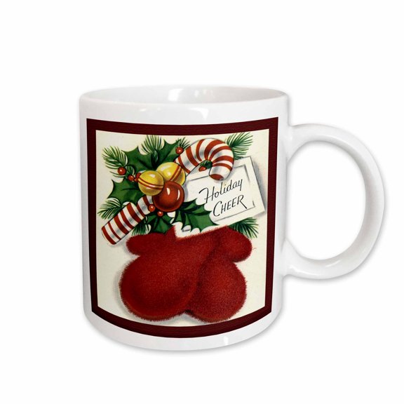 3drose, Holiday Cheer Greeting with Red Mittens Candy Cane and Holly Cartoon, 11oz Mug
