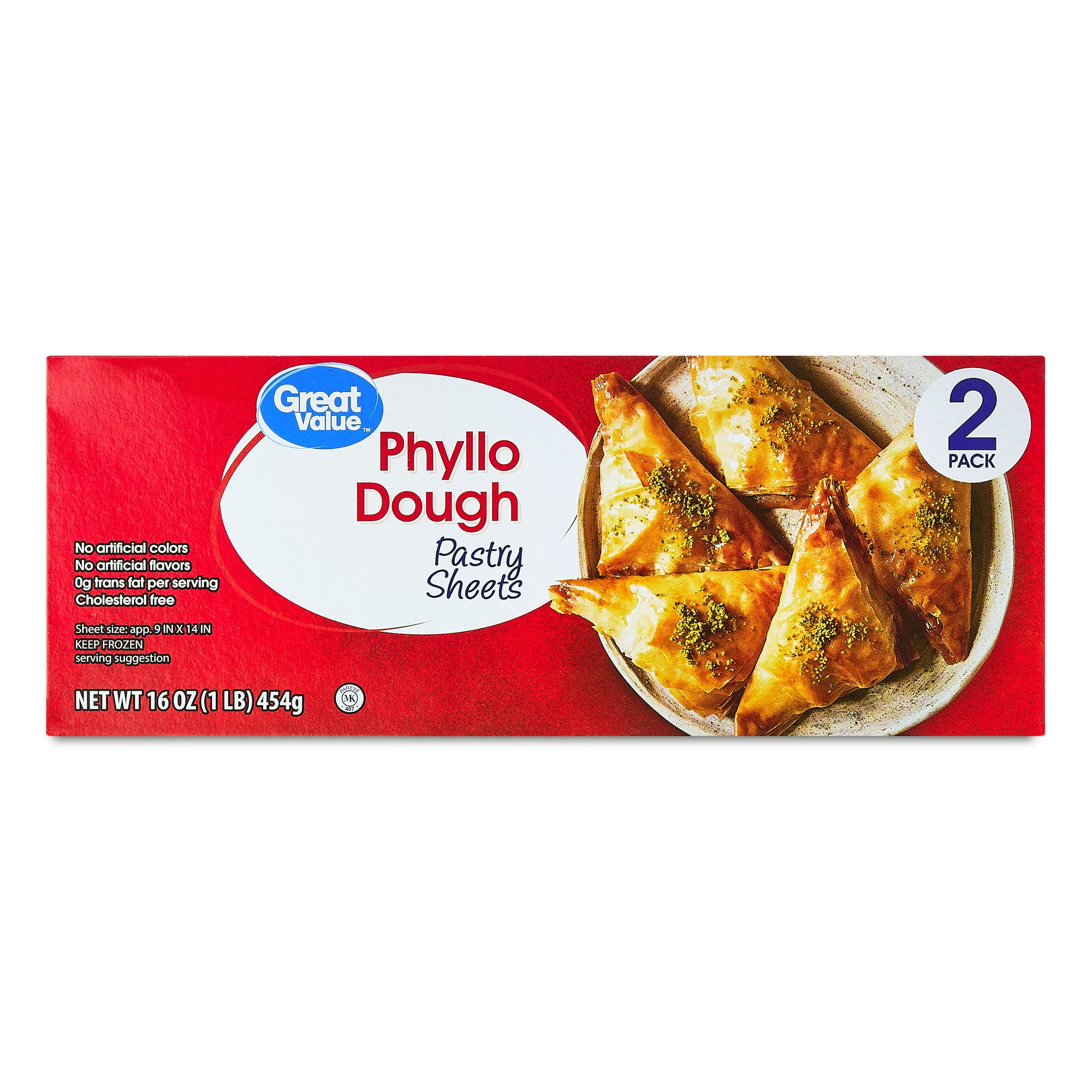 Great Value Phyllo Dough Pastry Sheets, 16 oz, 2 Count, Vegan, No Artificial Colors or Flavors, Frozen