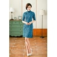 thumbnail image 5 of Women Special 1/2 Long Sleeve Modern Mandarin Chinese Cheongsam Qipao Sheath Short Dress&nbsp;( Teal/black petal ), 5 of 7