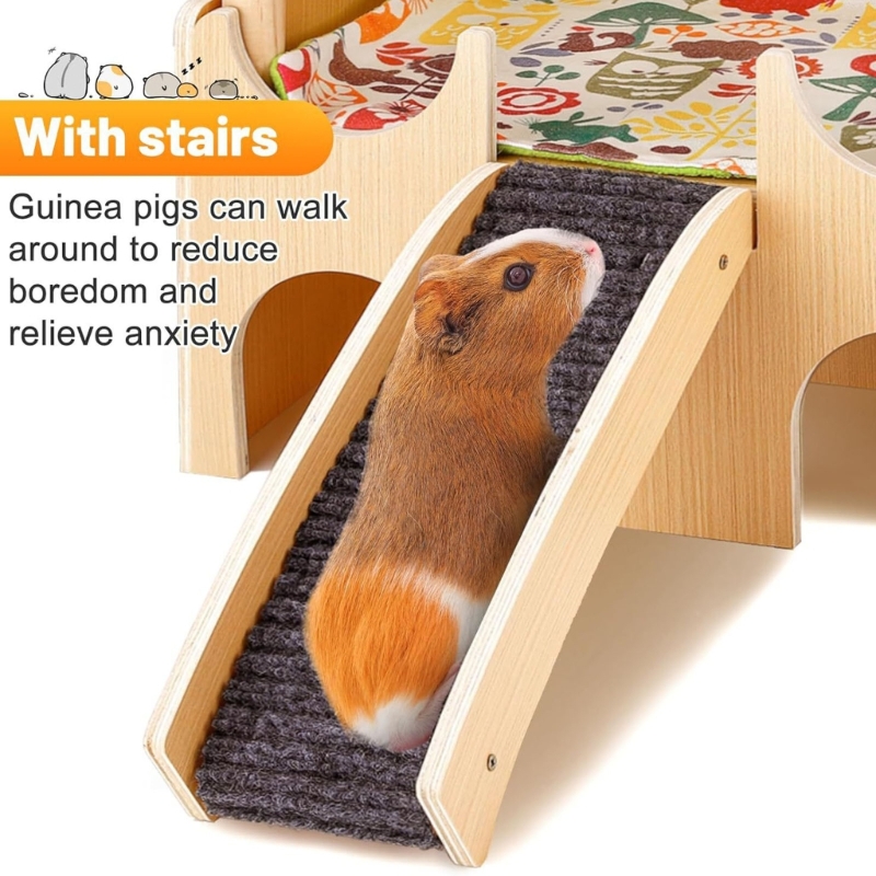 Zecic Ventilated Guinea Pigs Hideouts House Habitat Cage Playgrounds for Small Wood Rodents House 3 Entrance Hideaways With SlipProof Ramp 2 Decker Design