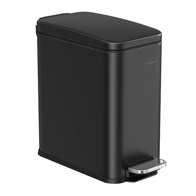 SONGMICS - Papelera de baño, 1.3 galones (5 l), pequeña papelera con tapa, delgada para espacios pequeños, cubeta de basura de acero inoxidable, cierre suave, negro UL