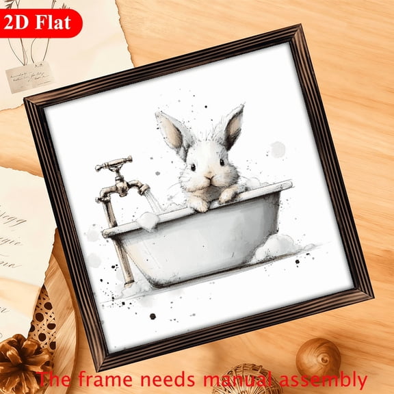 2D Flat, 1Pc Wood Frame Sign Bunny Tub Time Wall Art Paintings Ideal Gift For Living Room Bedroom Farmhouse Corridor Wall Decor Room Decoration Ready to Hang 12x12inch