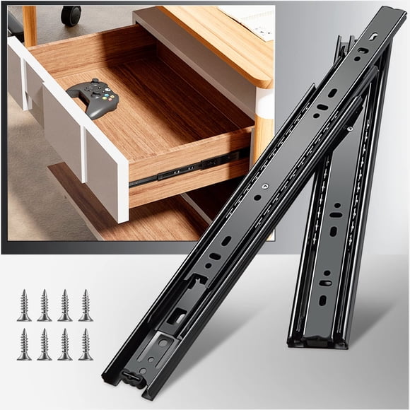 YENUO Guías para cajones de extensión completa Montaje lateral 10 12 14 16 18 20 22 24 pulgadas Rodamiento de bolas Rieles negros de metal Guías deslizantes Corredores resistentes Capacidad de carga d